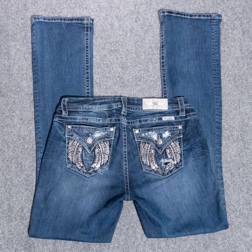 Miss Me Embellished Mid Rise Boot Cut Jeans Women's 32 (33x36) Y2K Bling Denim